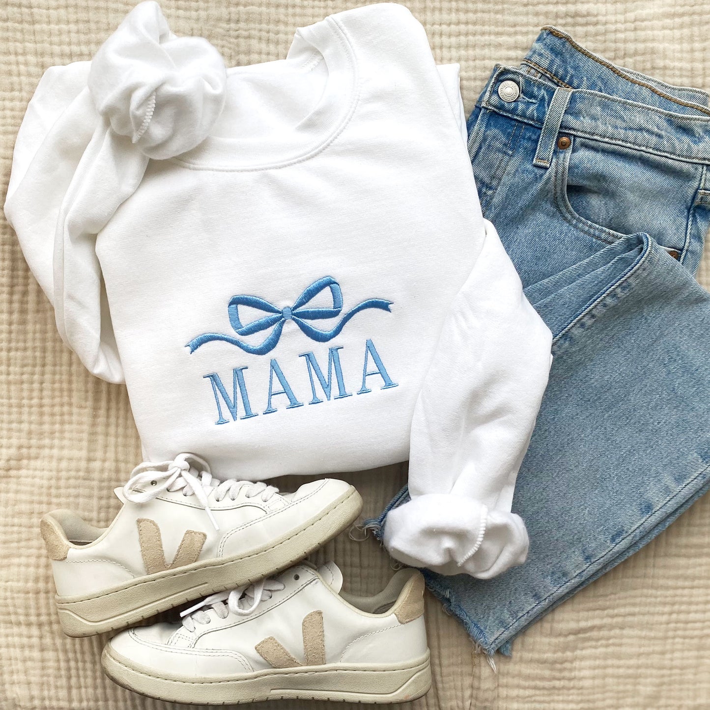 Cute and Trendy Mama Bow Embroidered Gemma Crewneck Sweatshirt