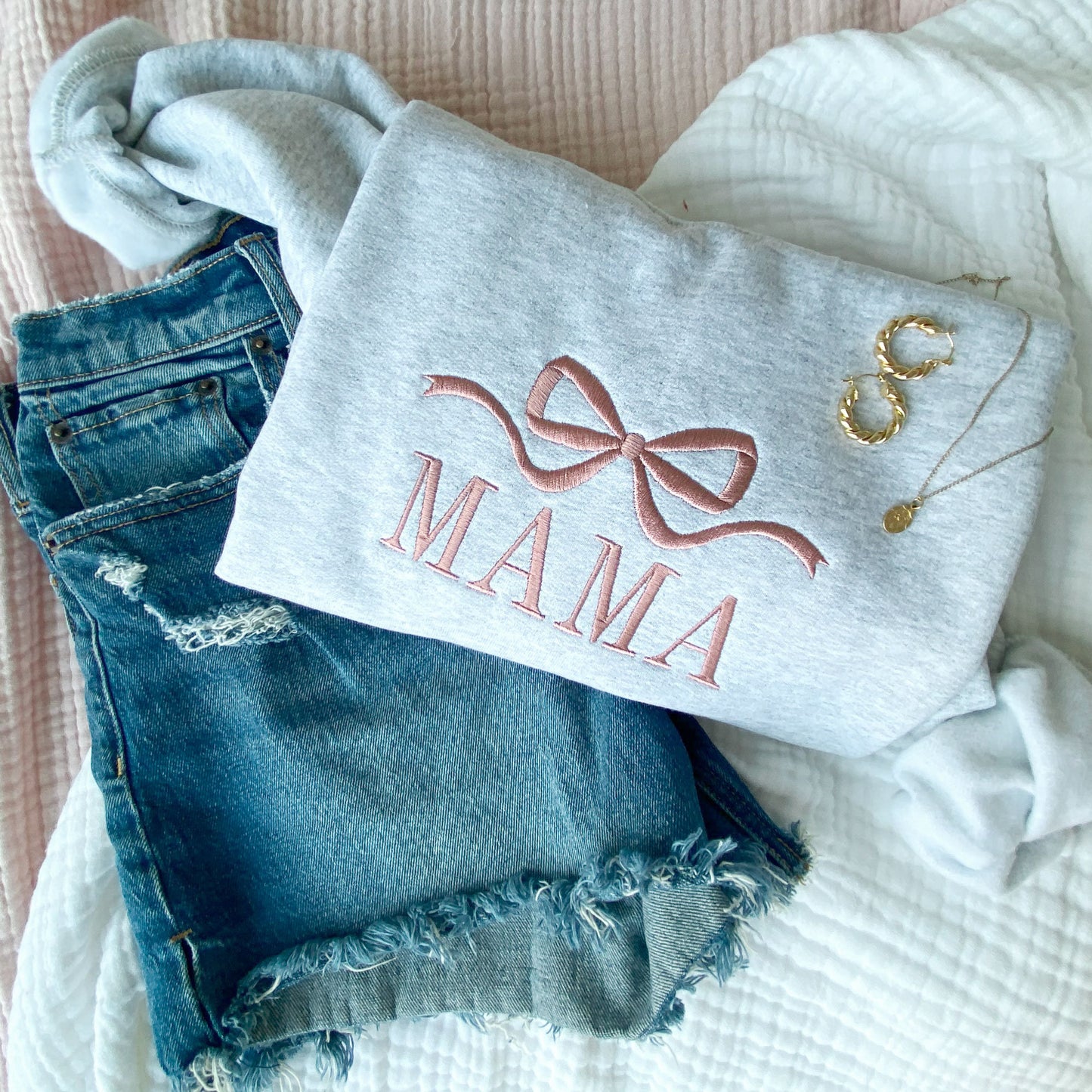 Cute and Trendy Mama Bow Embroidered Gemma Crewneck Sweatshirt