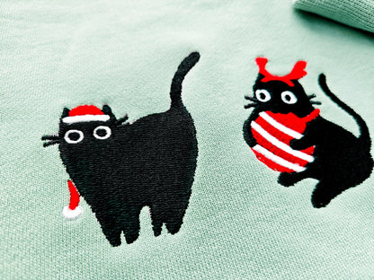 Embroidered Christmas Cats Sweatshirt, Gift for Cat Lovers