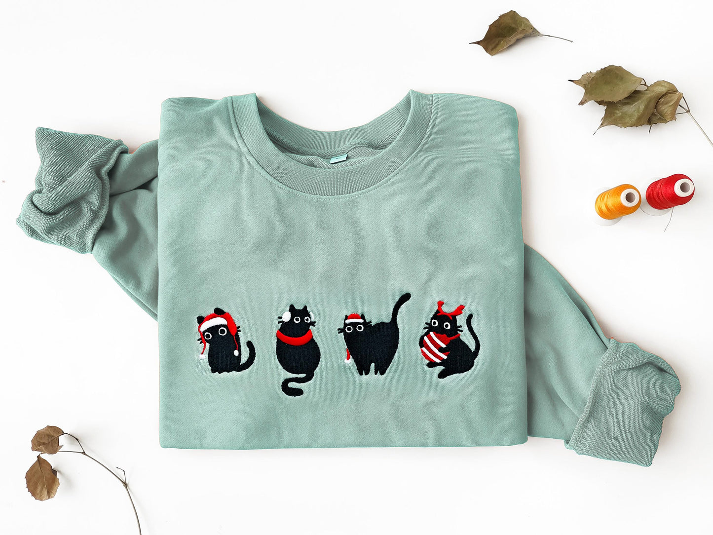 Embroidered Christmas Cats Sweatshirt, Gift for Cat Lovers