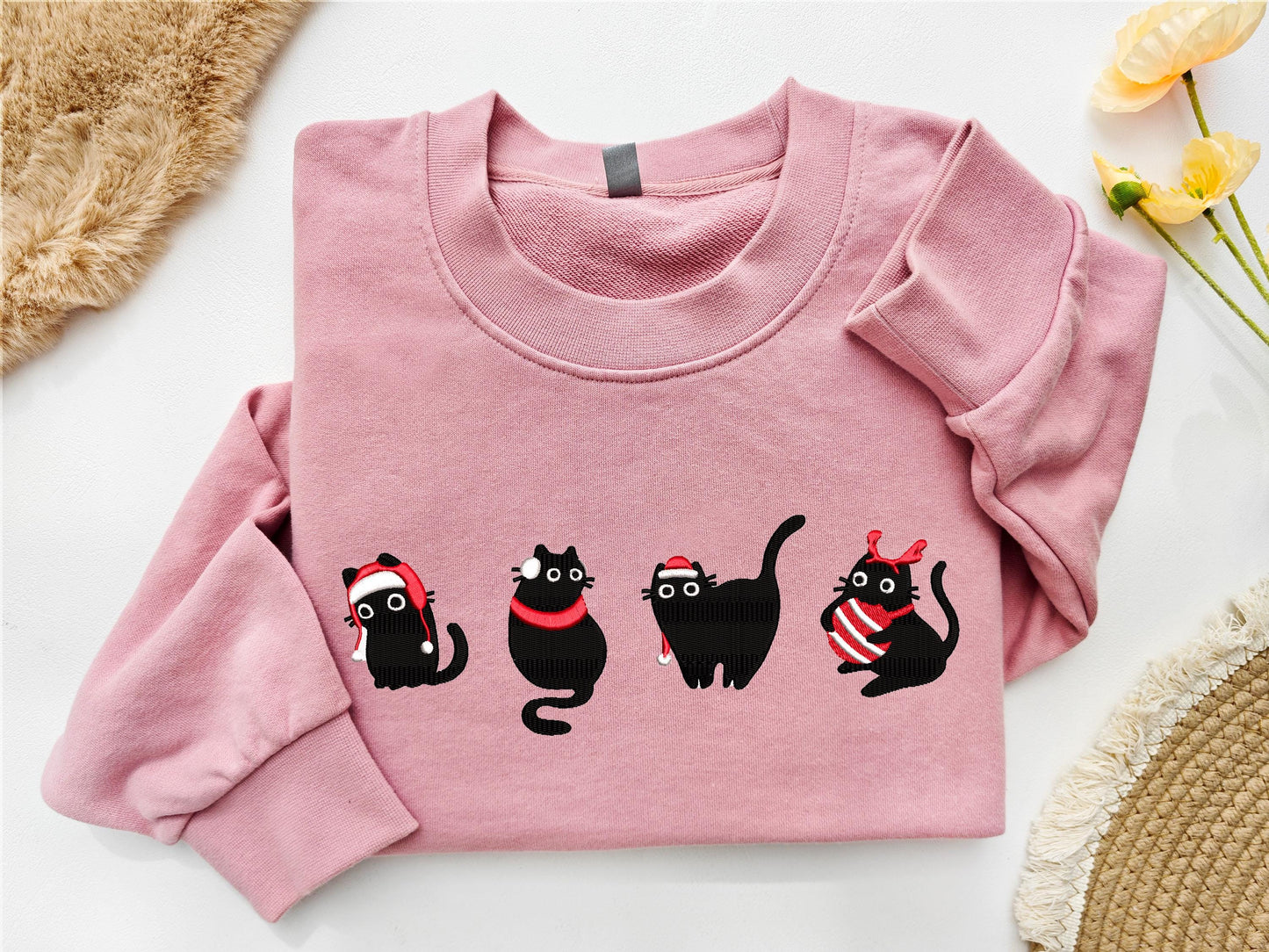 Embroidered Christmas Cats Sweatshirt, Gift for Cat Lovers