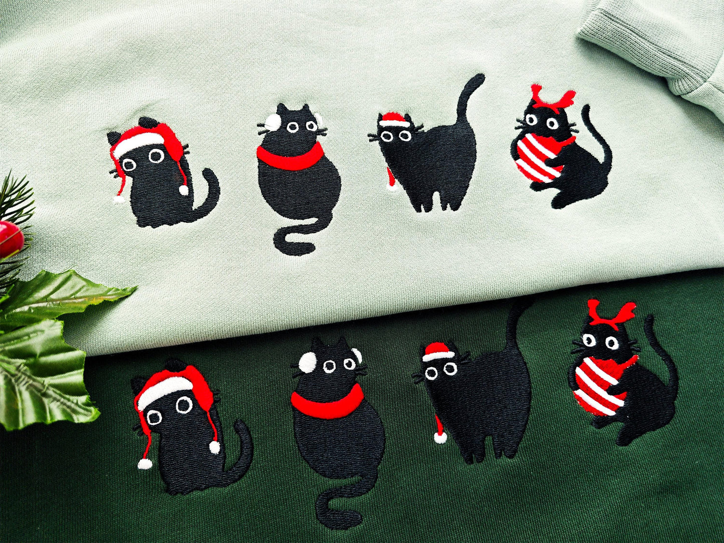 Embroidered Christmas Cats Sweatshirt, Gift for Cat Lovers