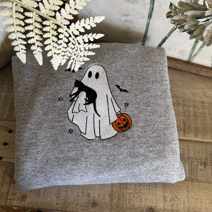 Halloween Embroidered Sweatshirt - Ghost Holdint Black Cat