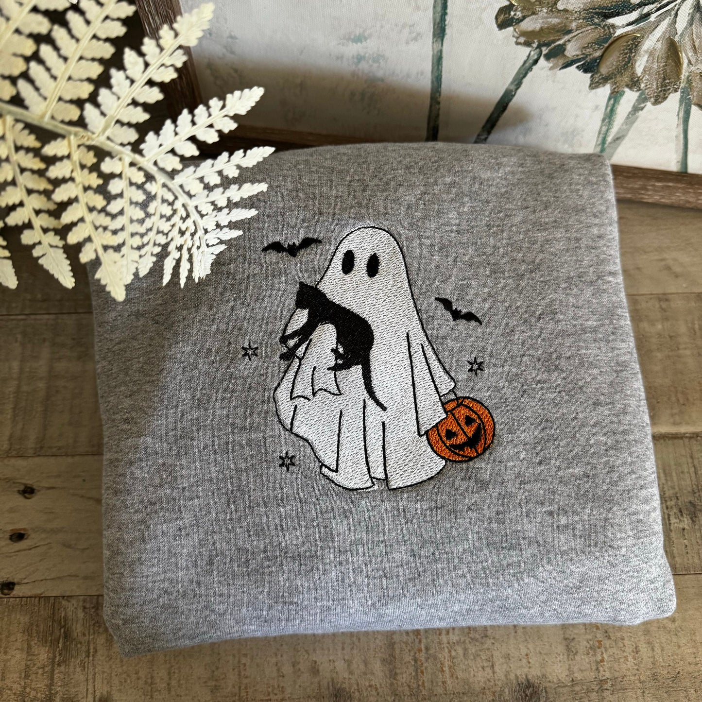 Halloween Embroidered Sweatshirt - Ghost Holdint Black Cat