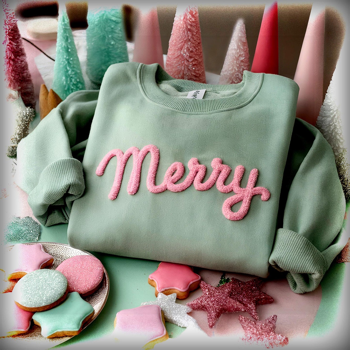 MERRY Christmas Sweatshirt Custom Embroidered Chenille YARN Sweatshirt