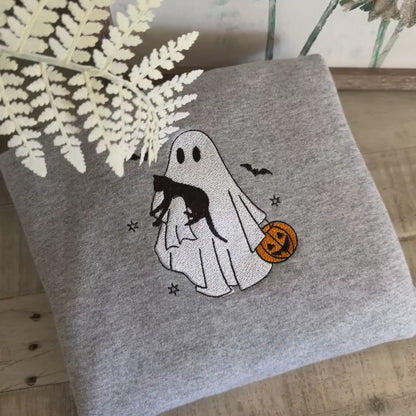 Halloween Embroidered Sweatshirt - Ghost Holdint Black Cat