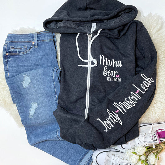 Mama Bear Zip Up Hoodie, Personalized Handmade, Unique Gift