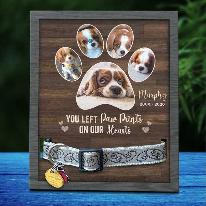 You Left Paw Prints On Our Hearts - Memorial Personalized Custom Pet Loss Sign, Collar Frame