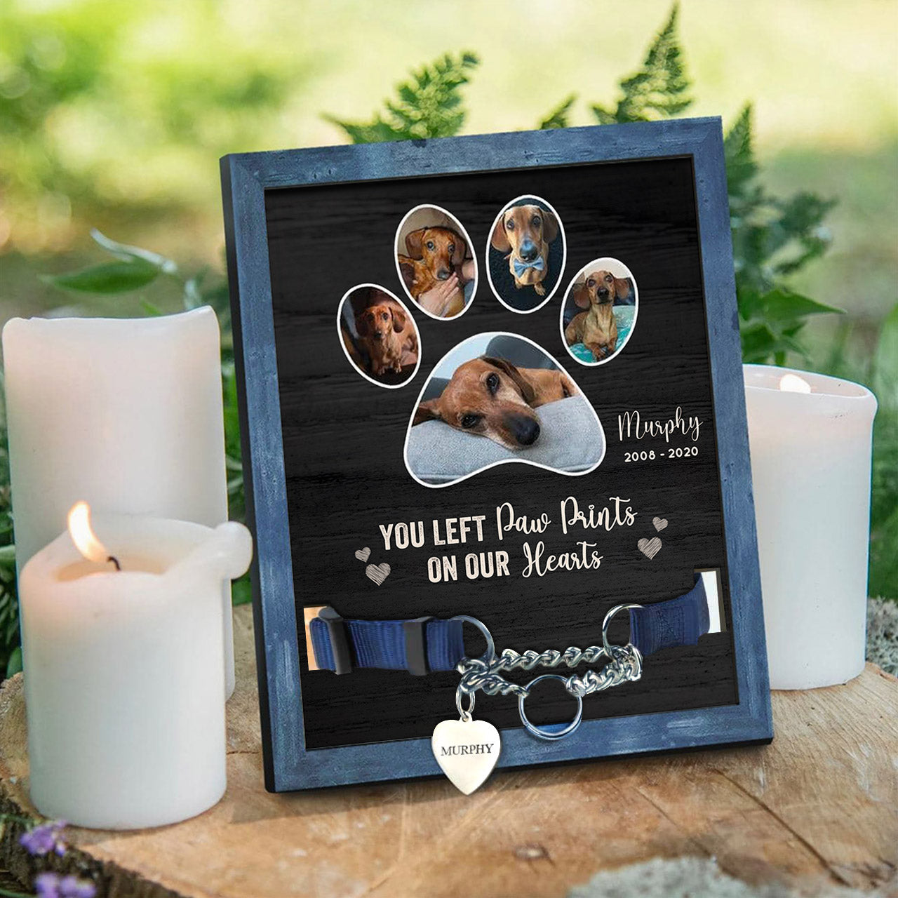 You Left Paw Prints On Our Hearts - Memorial Personalized Custom Pet Loss Sign, Collar Frame