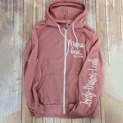 Mama Bear Zip Up Hoodie, Personalized Handmade, Unique Gift