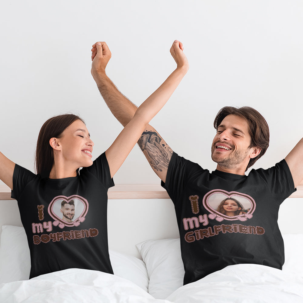 Custom Photo T-Shirt Personalized Couple T-shirt Pink Heart I Love My Girlfriend/Boyfriend