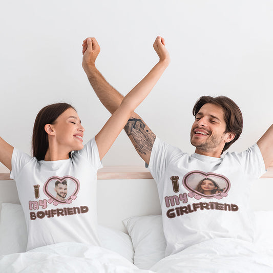 Custom Photo T-Shirt Personalized Couple T-shirt Pink Heart I Love My Girlfriend/Boyfriend