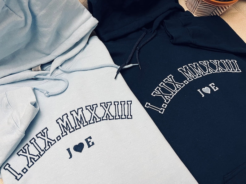 Custom Embroidered Roman Numeral Crewneck, Hoodie, Personalized Couples Gifts, Anniversary Gifts, Embroidered Couples Sweatshirt