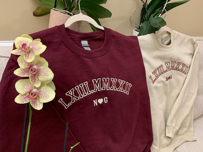 Custom Embroidered Roman Numeral Crewneck, Hoodie, Personalized Couples Gifts, Anniversary Gifts, Embroidered Couples Sweatshirt